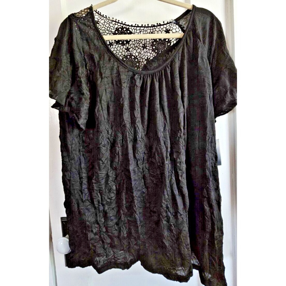 NWT Faded Glory black crochet shoulder back women 3X blouse crinkled